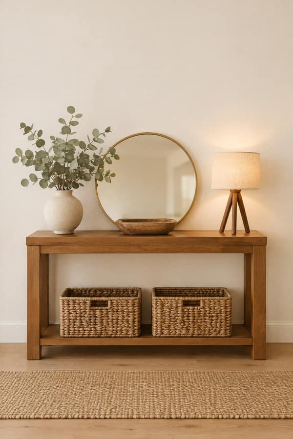 Warm entryway: a honey wood console table with a gold round mirror leaning on it, a tripod lamp, a sandy white moon vase of eucalyptus, a wood dough bowl and two woven baskets underneath