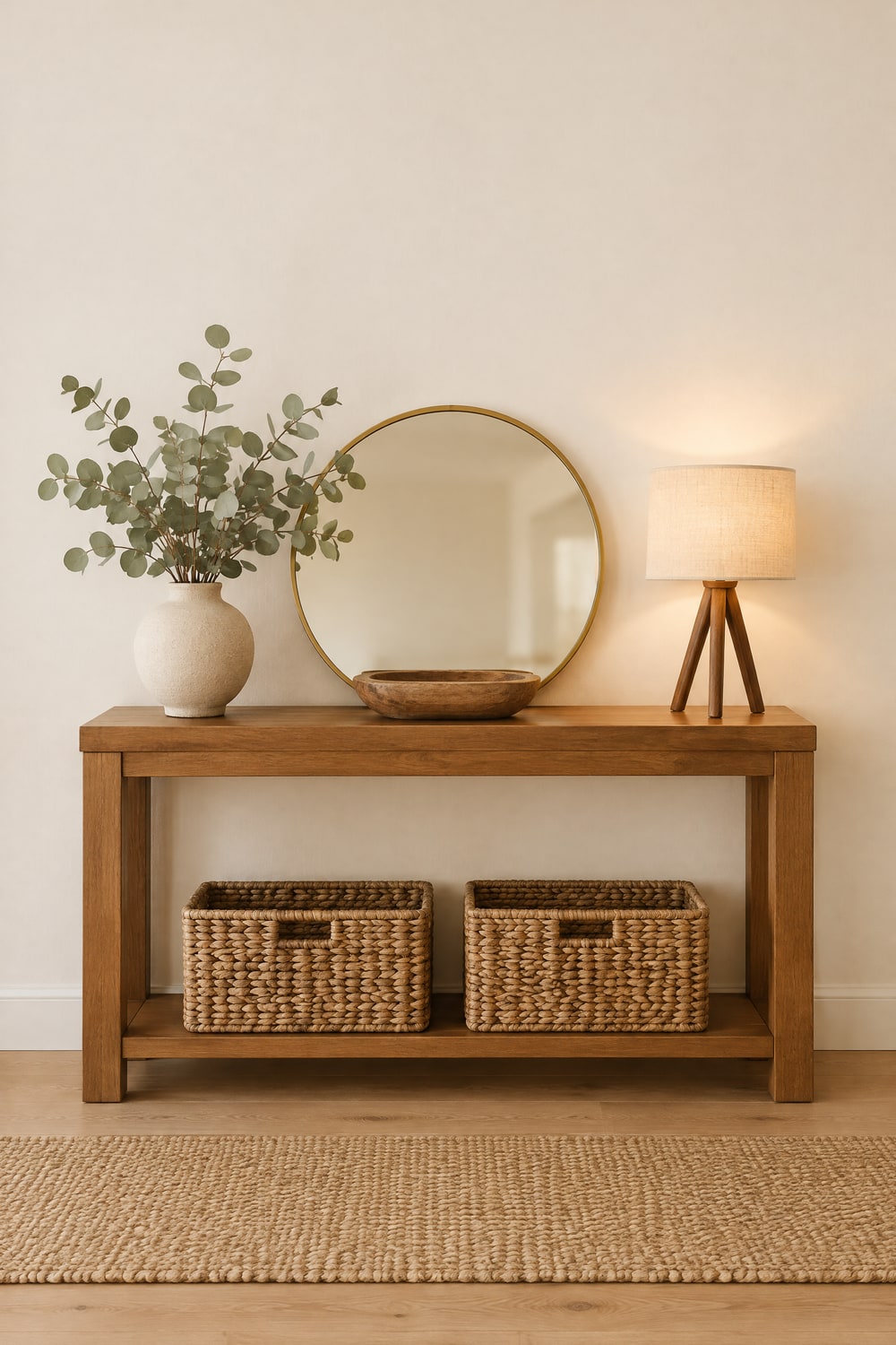 Warm entryway: a honey wood console table with a gold round mirror leaning on it, a tripod lamp, a sandy white moon vase of eucalyptus, a wood dough bowl and two woven baskets underneath