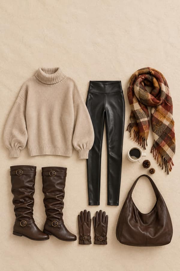 Flat-lay of a winter outfit on a cream blanket: oatmeal oversized turtleneck, black faux leather leggings, brown knee-high slouch boots, coffee hobo bag, brown leather gloves and a plaid blanket scarf