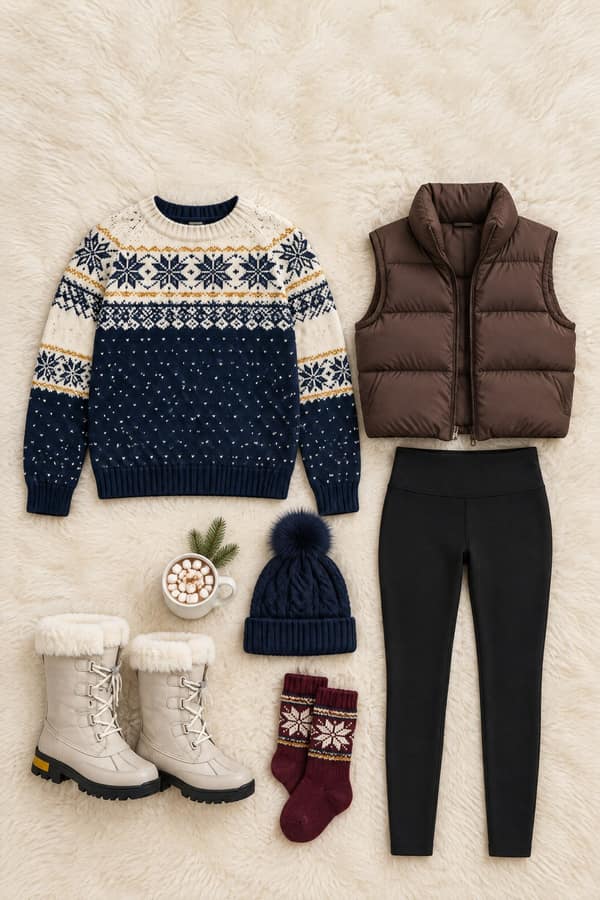 Flat-lay of an après-ski outfit on a cream faux-fur throw: navy and cream Fair Isle sweater, chocolate puffer vest, black leggings, white faux-fur snow boots, navy pom beanie and burgundy Nordic socks with a mug of cocoa
