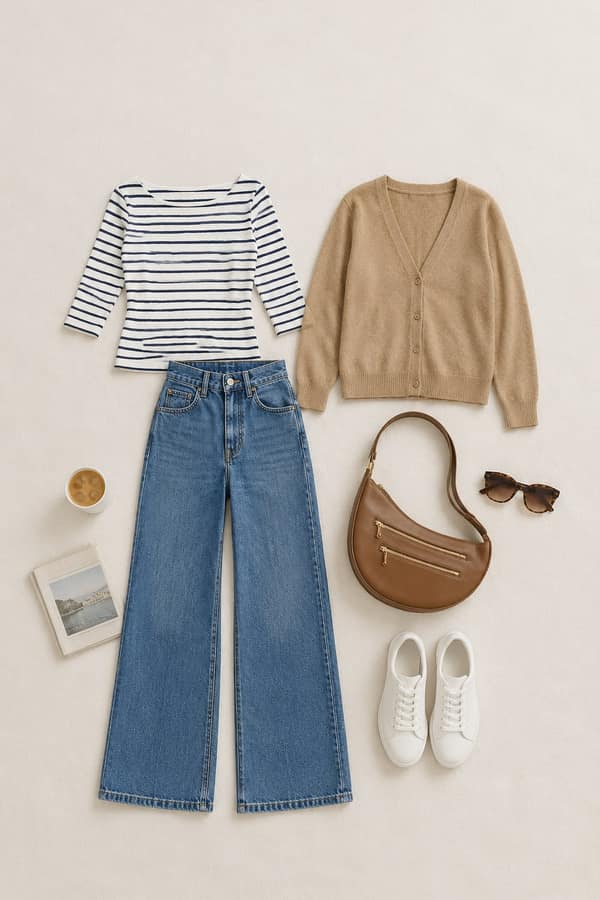 Flat-lay of a casual outfit on off-white cotton: navy striped boat-neck top, camel cardigan, medium-blue wide-leg jeans, white sneakers, camel sling bag and tortoise sunglasses