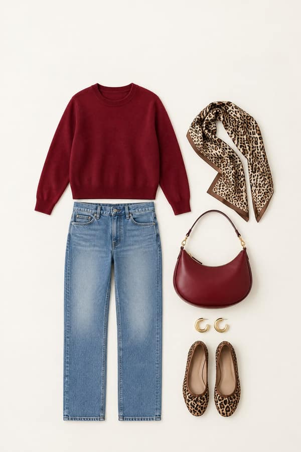Flat-lay of a cherry red and leopard outfit on a warm white surface: cherry red crewneck sweater, light-wash straight jeans, leopard ballet flats, leopard satin scarf, cherry red shoulder bag and gold hoop earrings