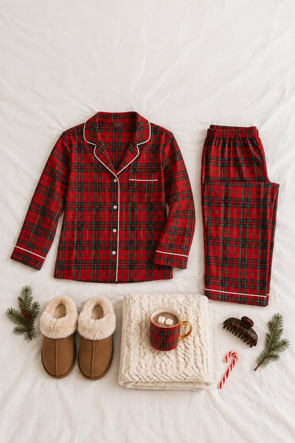 Flat-lay of red tartan flannel pajamas on white linen with tan fuzzy slippers, an ivory chunky knit throw, a red plaid mug of cocoa and a tortoiseshell claw clip