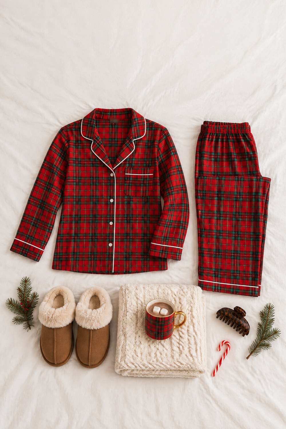 Flat-lay of red tartan flannel pajamas on white linen with tan fuzzy slippers, an ivory chunky knit throw, a red plaid mug of cocoa and a tortoiseshell claw clip