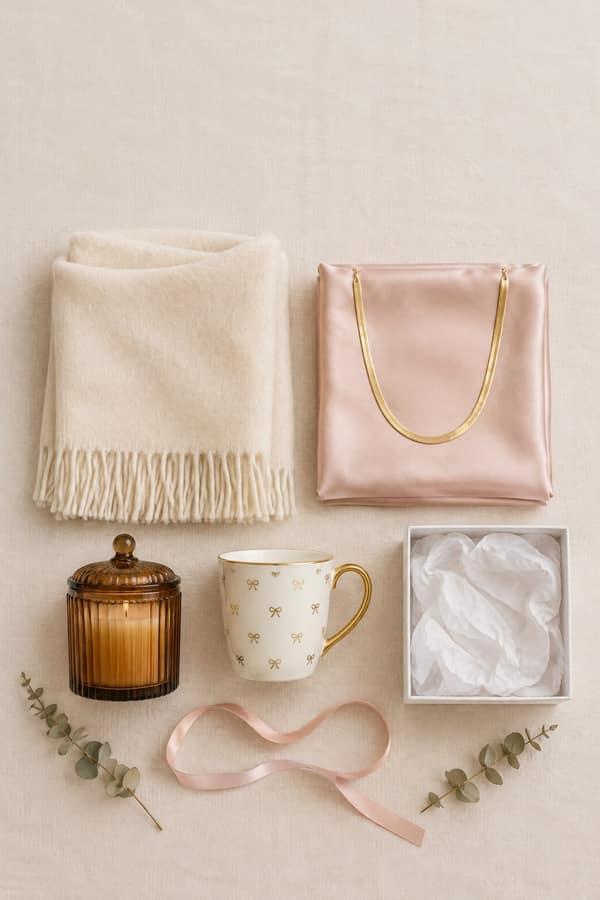 Flat-lay of Christmas gifts for women on cream linen: cream fringed wrap scarf, blush satin pillowcase, gold herringbone necklace, amber glass candle and a white mug with gold bows
