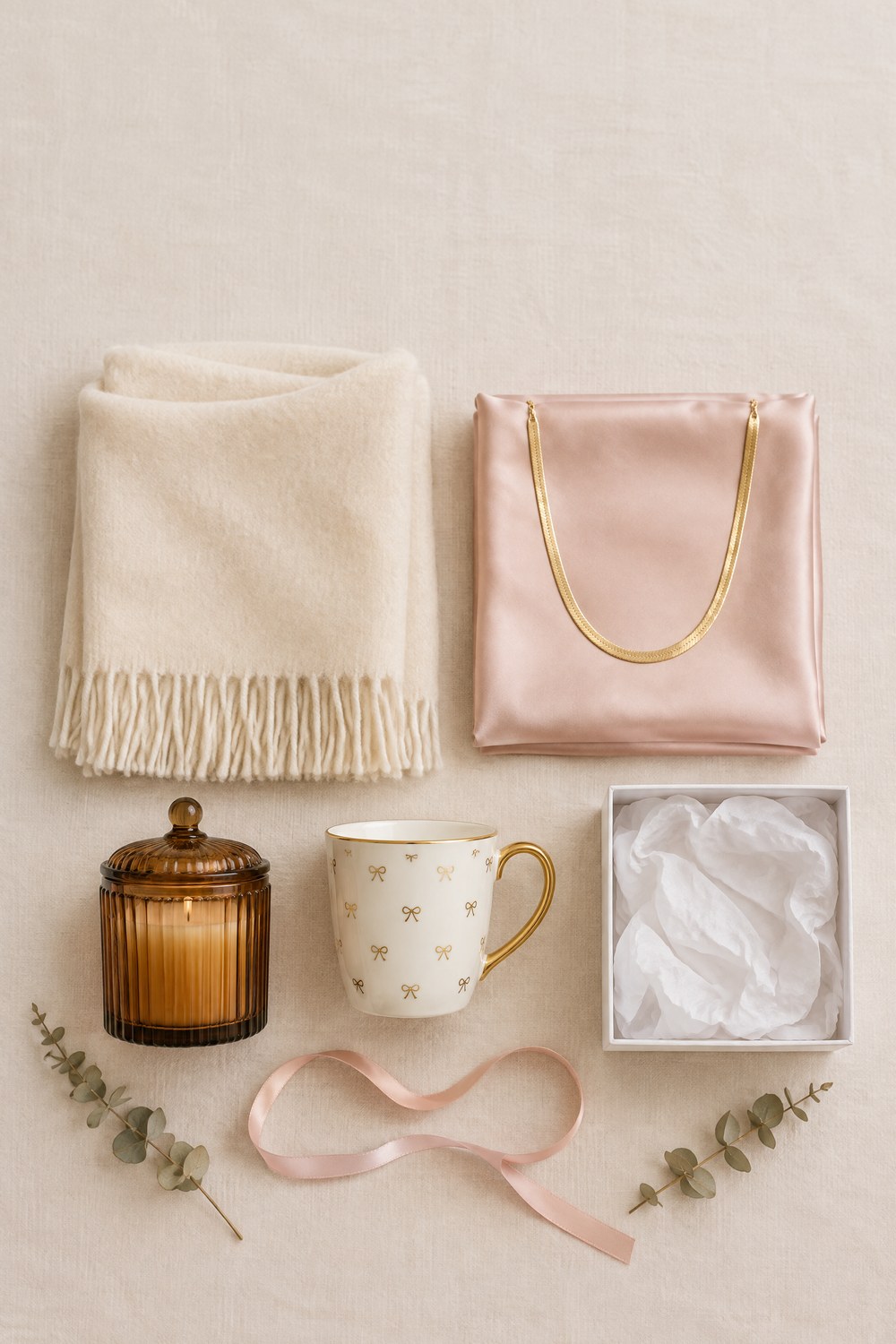 Flat-lay of Christmas gifts for women on cream linen: cream fringed wrap scarf, blush satin pillowcase, gold herringbone necklace, amber glass candle and a white mug with gold bows
