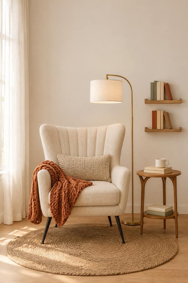 Cozy reading corner by a window: an ivory boucle accent chair with a terracotta chunky knit throw and oatmeal lumbar pillow, a gold arc floor lamp, a round wood side table and two wall ledges of books