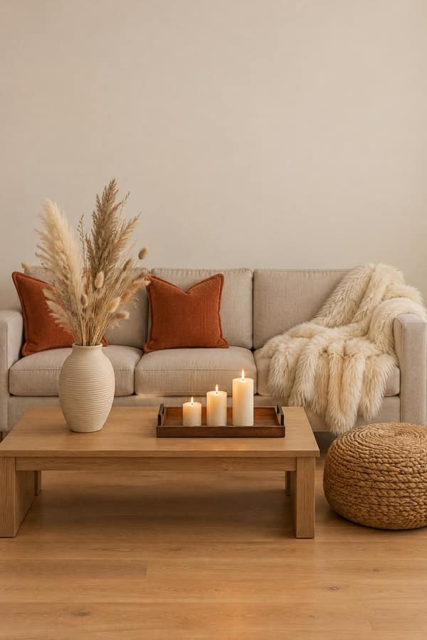 Cozy winter living room: an oatmeal sofa with rust chenille pillows and a cream faux fur throw, a coffee table with a ribbed white vase of pampas grass and a wood tray of lit ivory candles, and a jute pouf