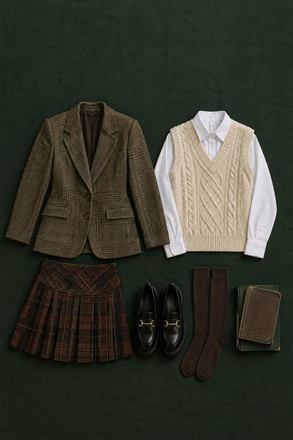 Flat-lay of a dark academia outfit on deep green linen: brown plaid pleated skirt, olive glen plaid blazer, cream cable-knit sweater vest, white collared shirt, black chunky loafers and brown knee socks beside old books