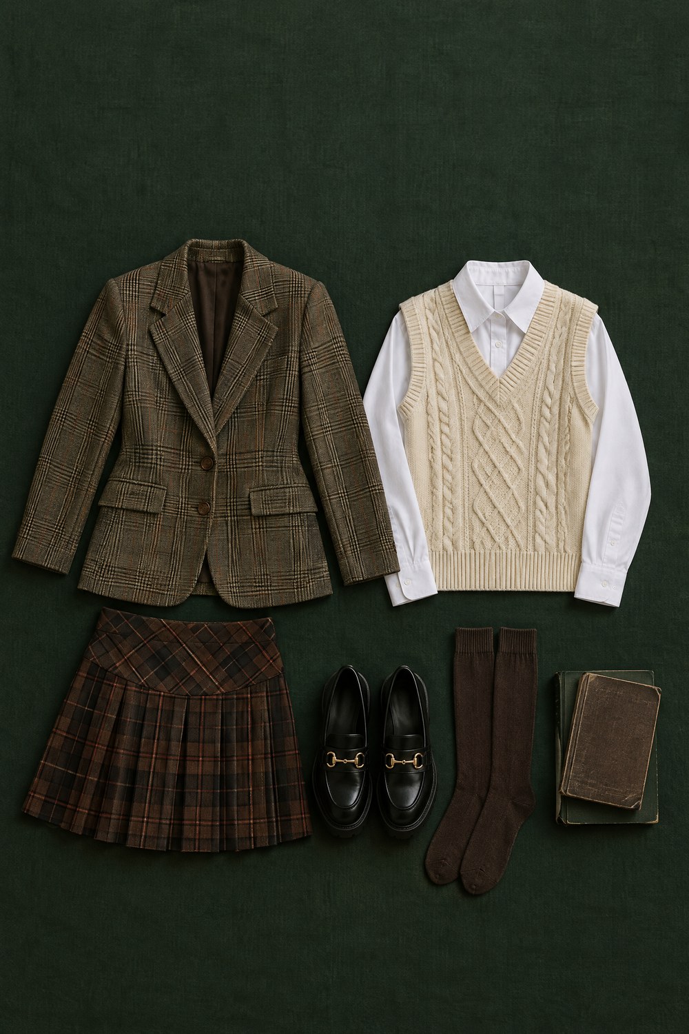 Flat-lay of a dark academia outfit on deep green linen: brown plaid pleated skirt, olive glen plaid blazer, cream cable-knit sweater vest, white collared shirt, black chunky loafers and brown knee socks beside old books