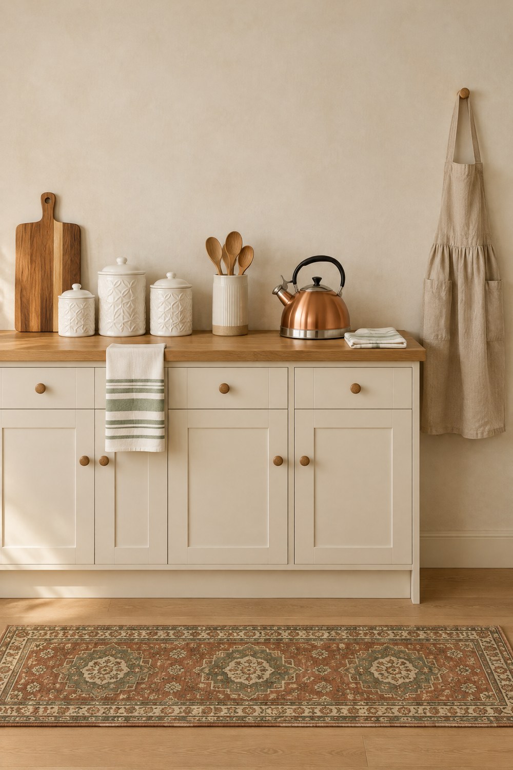 Cozy English cottage kitchen counter with cream cabinets: three embossed white ceramic canisters, a copper tea kettle, sage striped tea towels, a wood cutting board, a ribbed utensil crock, a linen apron on a wall peg and a vintage runner rug