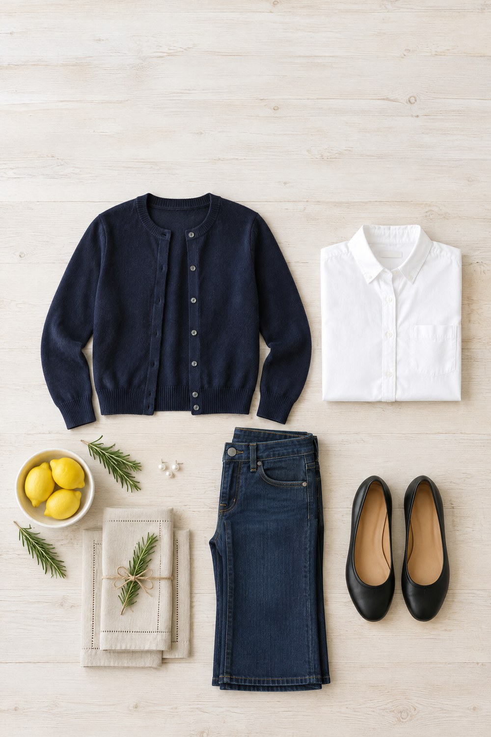 Flat-lay of a classic hosting outfit on a whitewashed table: navy cardigan, white button-down shirt, dark bootcut jeans, black ballet flats, pearl studs and oatmeal linen napkins with rosemary