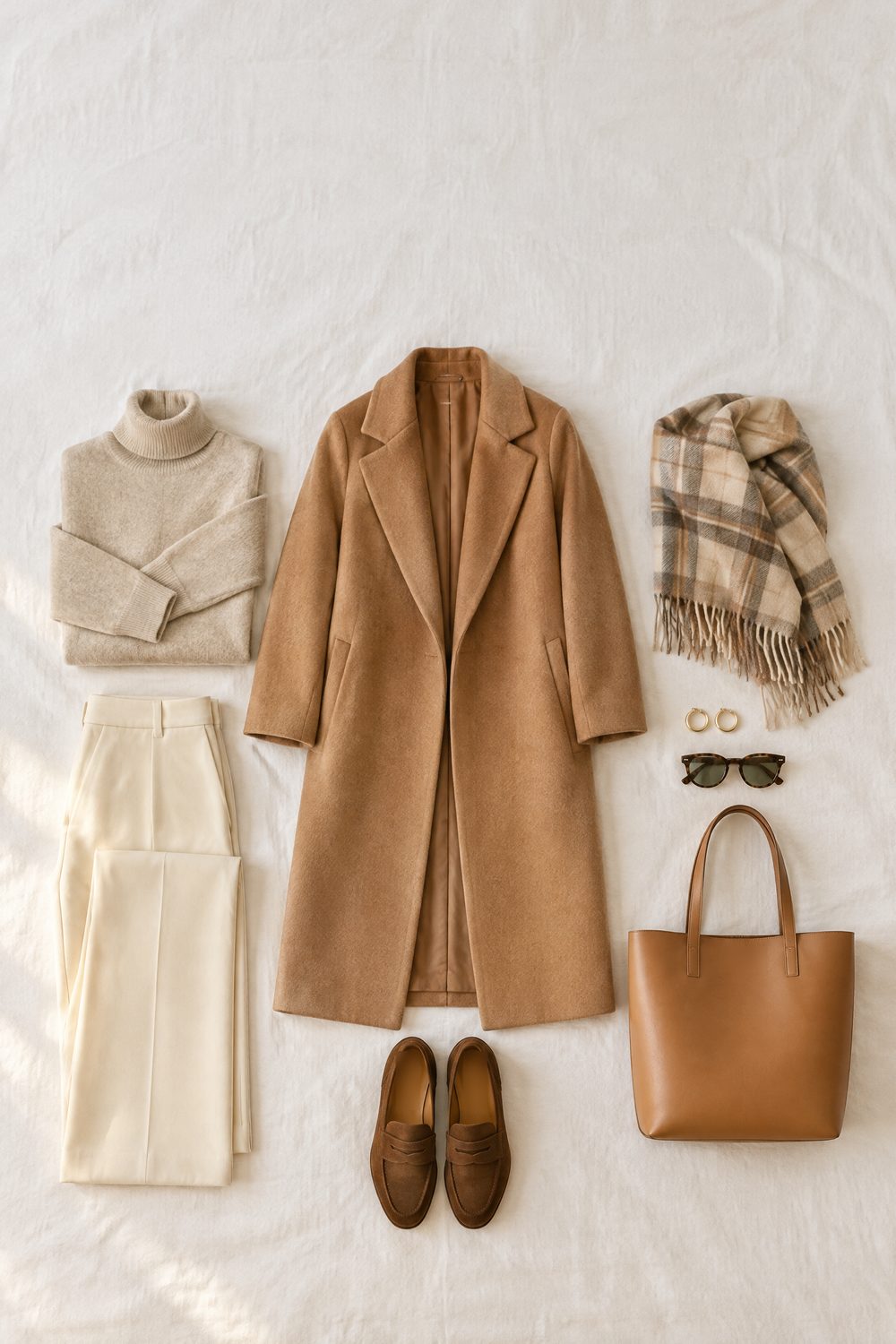 Flat-lay of a neutral fall outfit on white linen: oatmeal turtleneck, camel coat, cream wide-leg trousers, brown loafers, plaid scarf and tan tote