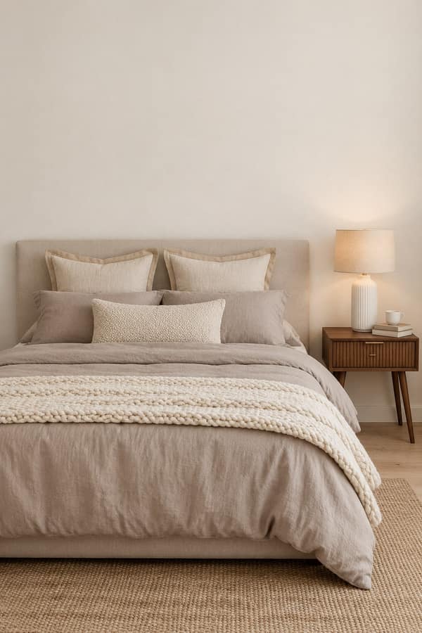 Cozy neutral bedroom: a bed with greige linen bedding, beige euro shams, an oatmeal boucle lumbar pillow and an ivory chunky knit throw, beside a fluted walnut nightstand with a white ribbed ceramic lamp