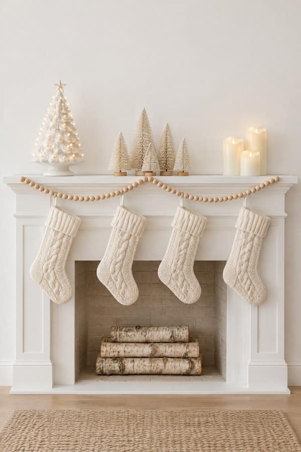 White fireplace mantel decorated for Christmas in neutral tones: four ivory cable-knit stockings, a white ceramic Christmas tree, frosted mini trees, ivory pillar candles and a wood bead garland