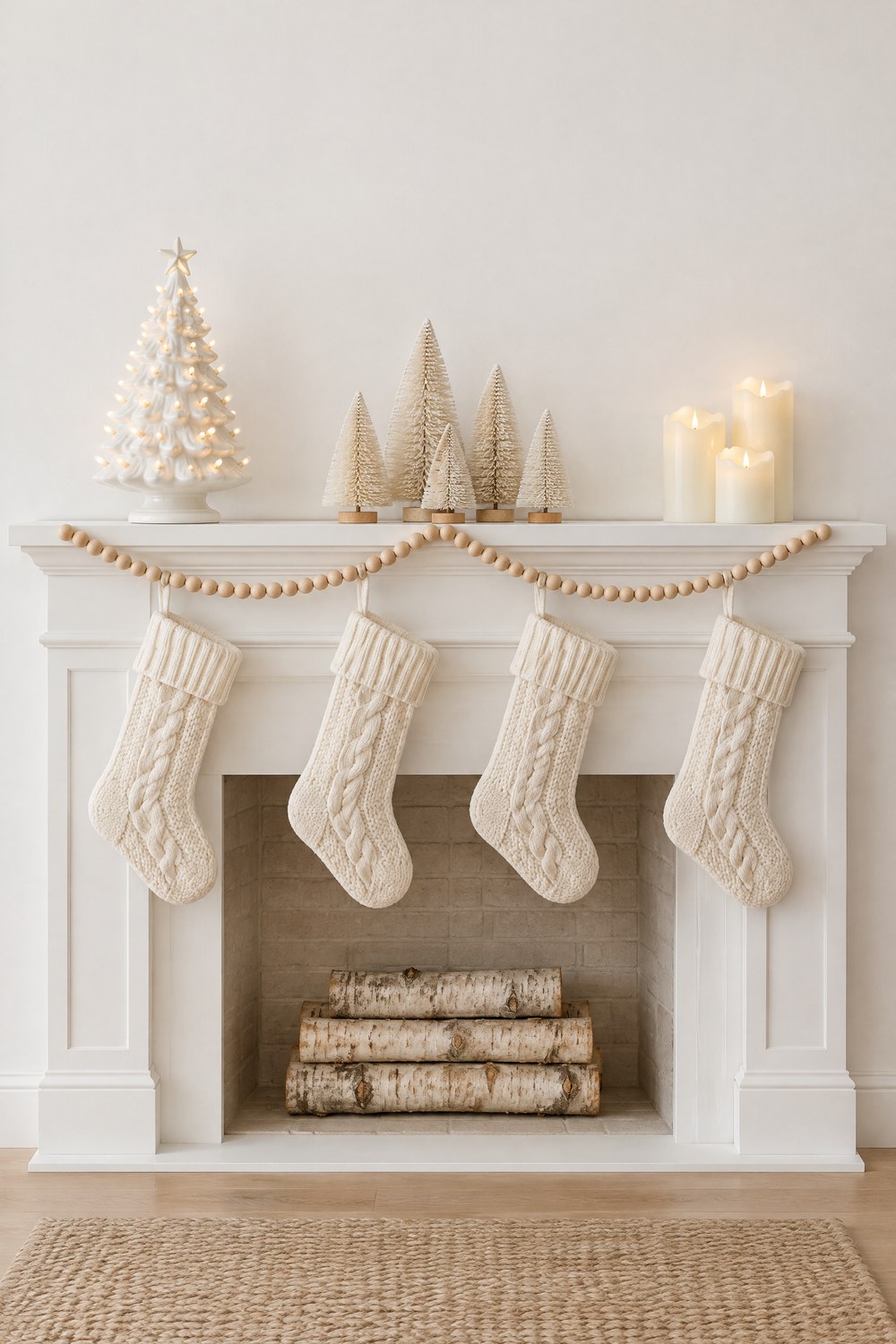 White fireplace mantel decorated for Christmas in neutral tones: four ivory cable-knit stockings, a white ceramic Christmas tree, frosted mini trees, ivory pillar candles and a wood bead garland