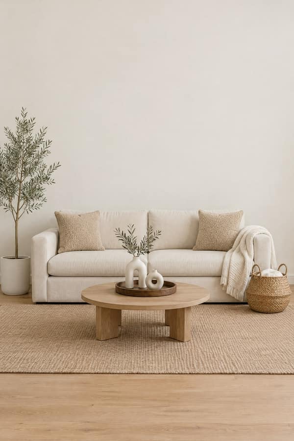 Neutral living room: a cream sofa with oatmeal boucle pillows and a cream waffle throw, a faux olive tree in a white planter, white donut vases on a round wood tray on the coffee table and a seagrass basket