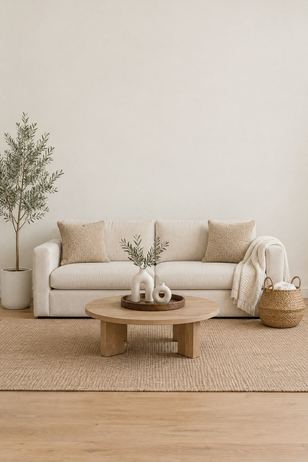 Neutral living room: a cream sofa with oatmeal boucle pillows and a cream waffle throw, a faux olive tree in a white planter, white donut vases on a round wood tray on the coffee table and a seagrass basket