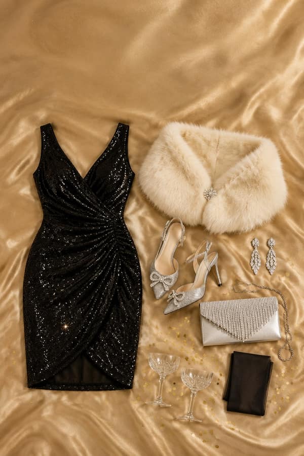 Flat-lay of a New Year's Eve outfit on champagne satin: black sparkly wrap dress, ivory faux fur stole, silver glitter bow heels, rhinestone clutch, crystal drop earrings and black tights with champagne coupes and gold confetti