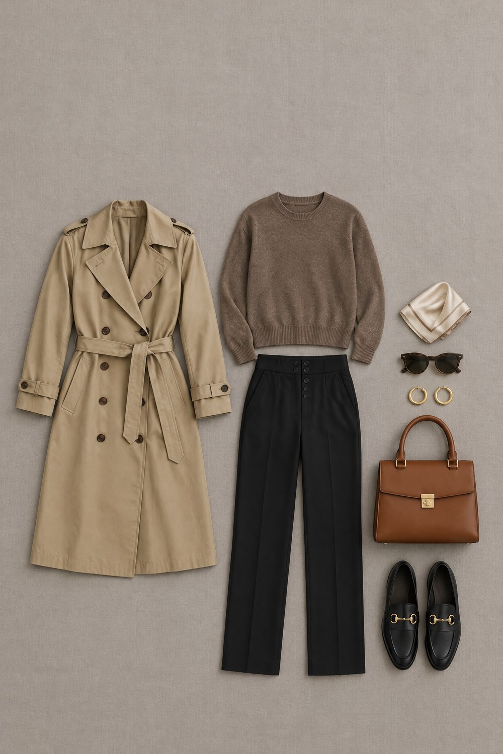 Flat-lay of a quiet luxury outfit on stone-grey linen: khaki trench coat, mocha crewneck sweater, black trousers, black loafers with gold bits, cognac top-handle bag and gold hoop earrings