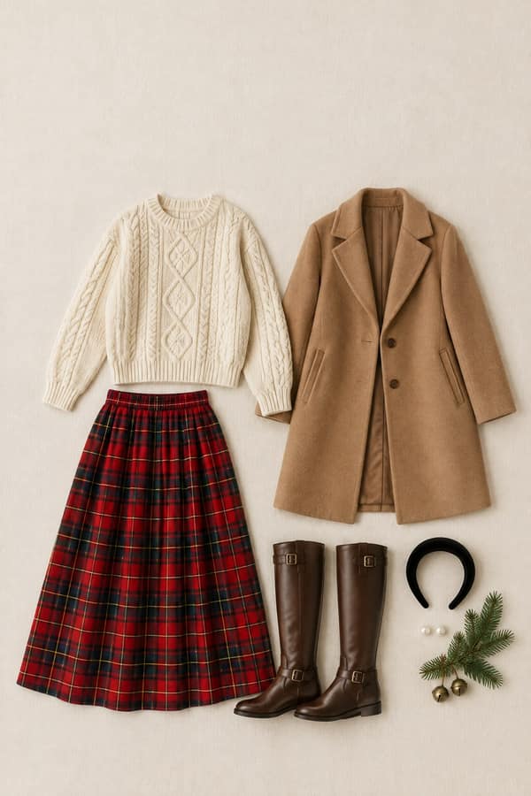 Flat-lay of a preppy Christmas outfit on ivory linen: red tartan maxi skirt, cream cable-knit sweater, camel coat, brown riding boots, black velvet headband and pearl earrings