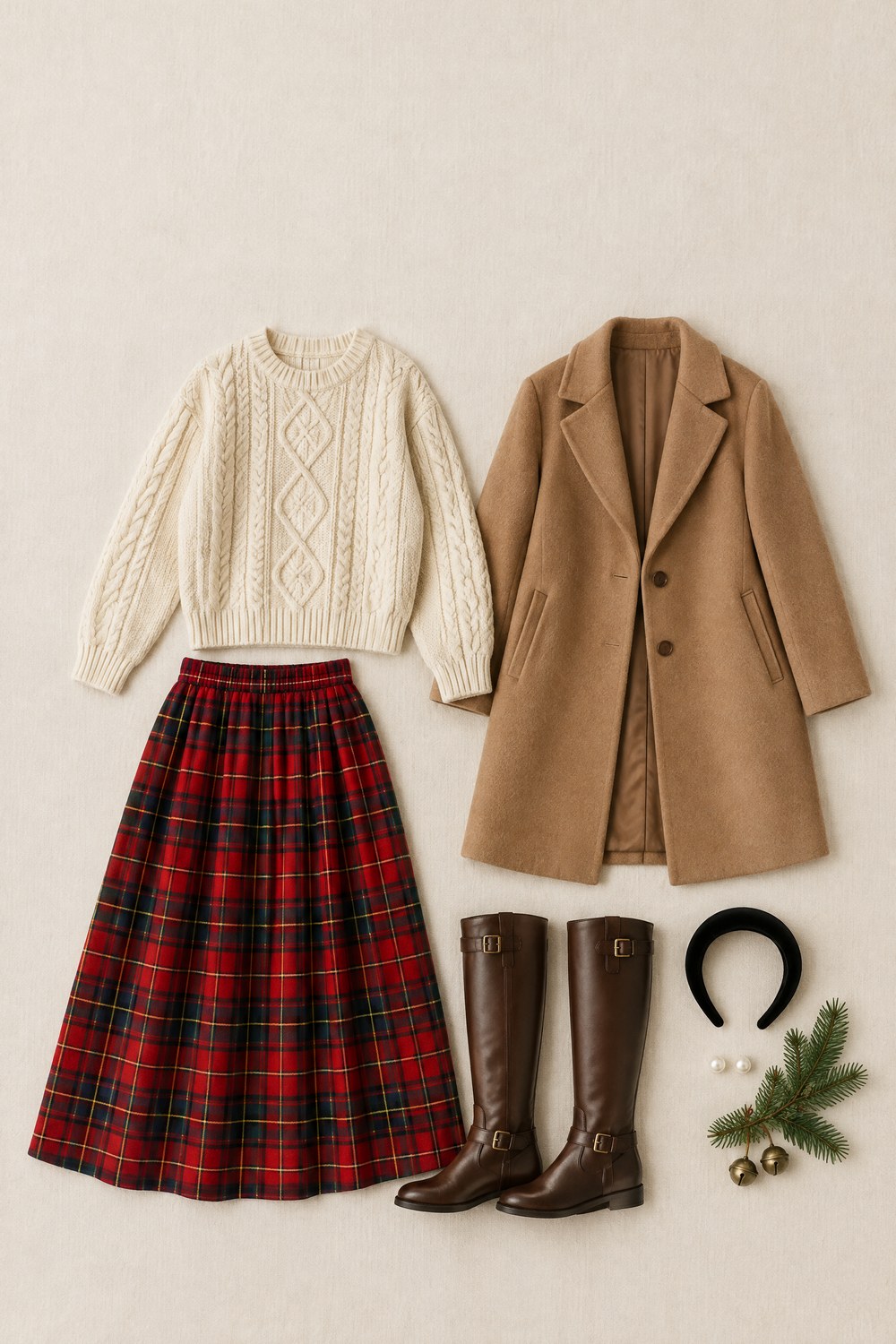 Flat-lay of a preppy Christmas outfit on ivory linen: red tartan maxi skirt, cream cable-knit sweater, camel coat, brown riding boots, black velvet headband and pearl earrings