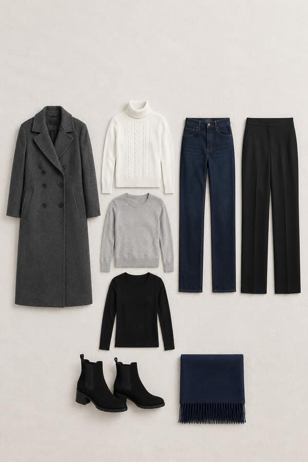 Flat-lay grid of an 8-piece winter capsule wardrobe on white linen: charcoal coat, white turtleneck, light grey sweater, black long-sleeve tee, dark jeans, black pants, black Chelsea boots and a navy scarf