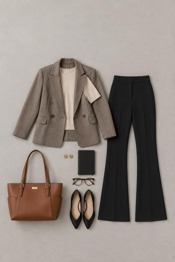 Flat-lay of a work outfit on light grey linen: taupe herringbone blazer, almond knit top, black bootcut pants, black pointed flats, cognac tote and gold knot earrings