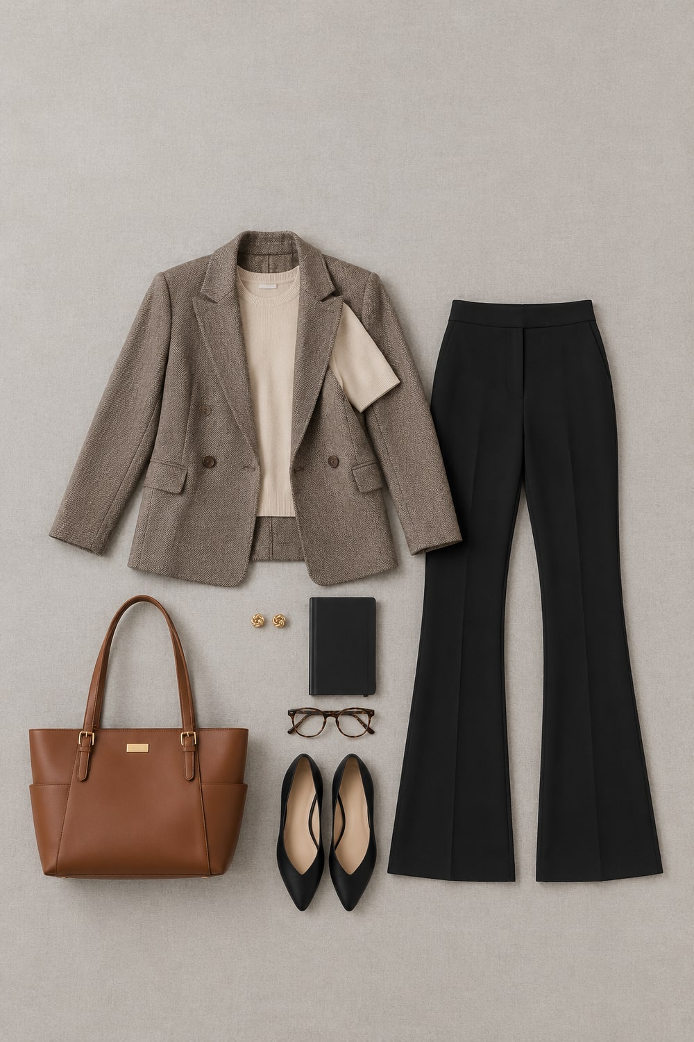 Flat-lay of a work outfit on light grey linen: taupe herringbone blazer, almond knit top, black bootcut pants, black pointed flats, cognac tote and gold knot earrings